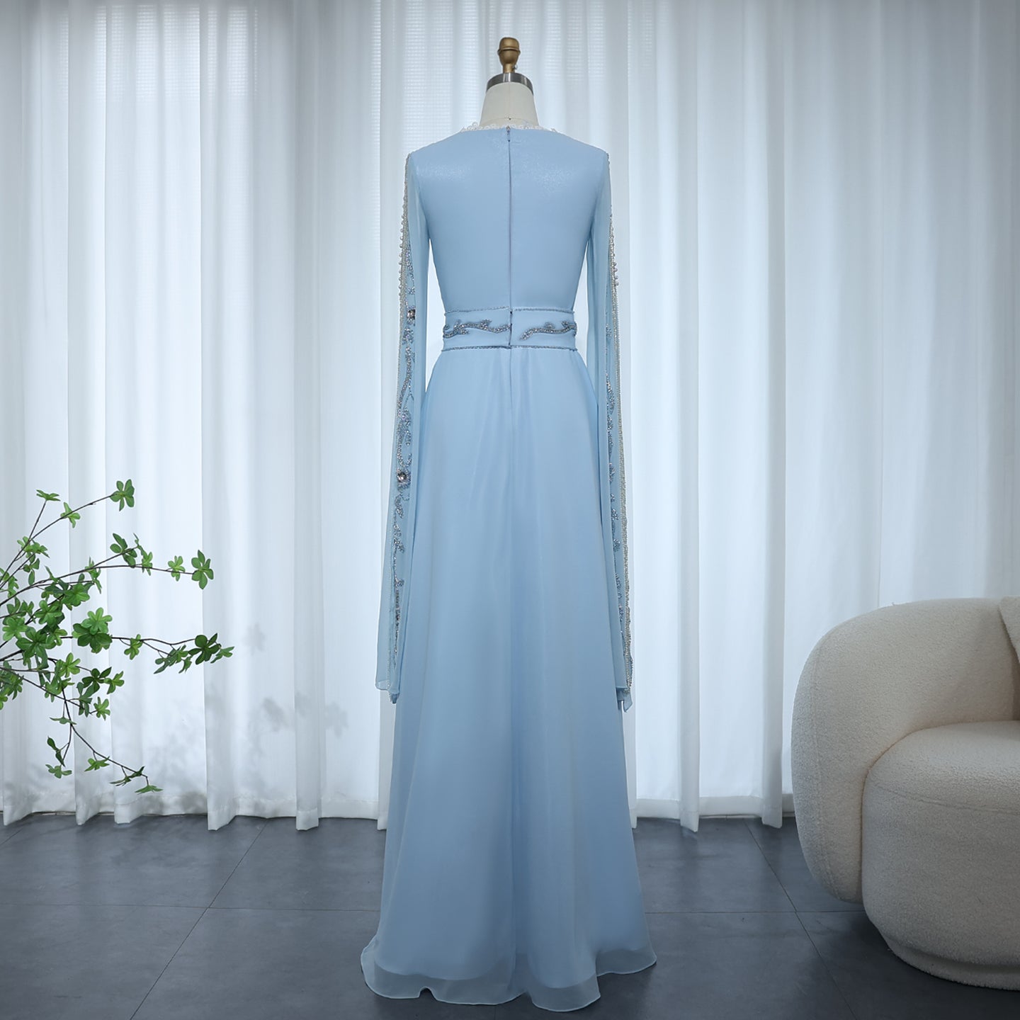 Luxury Beaded Blue Long Sleeve Evening Dresses SS404