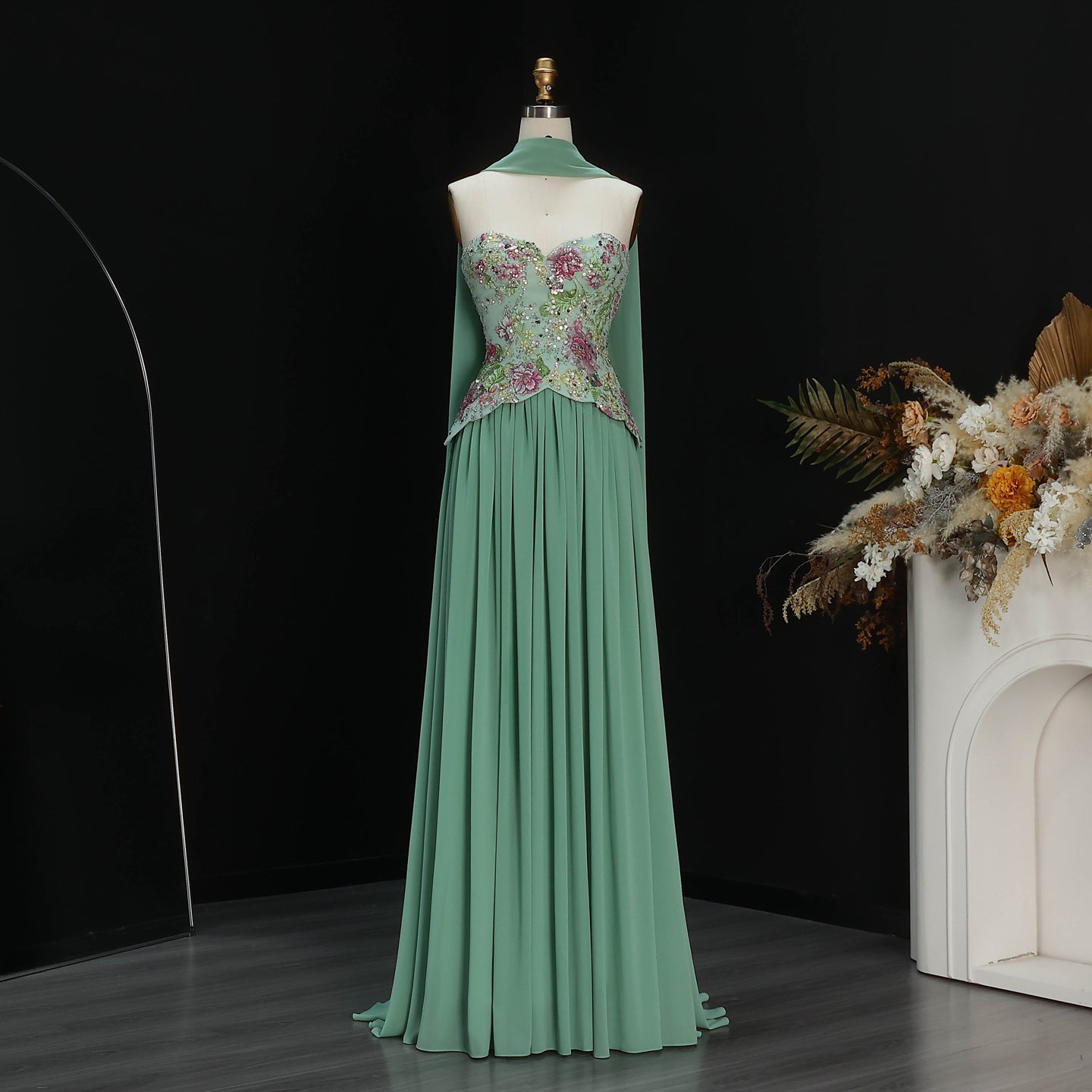 Luxury Pink Floral Embellished Peplum Evening Dress with Scarf SS480