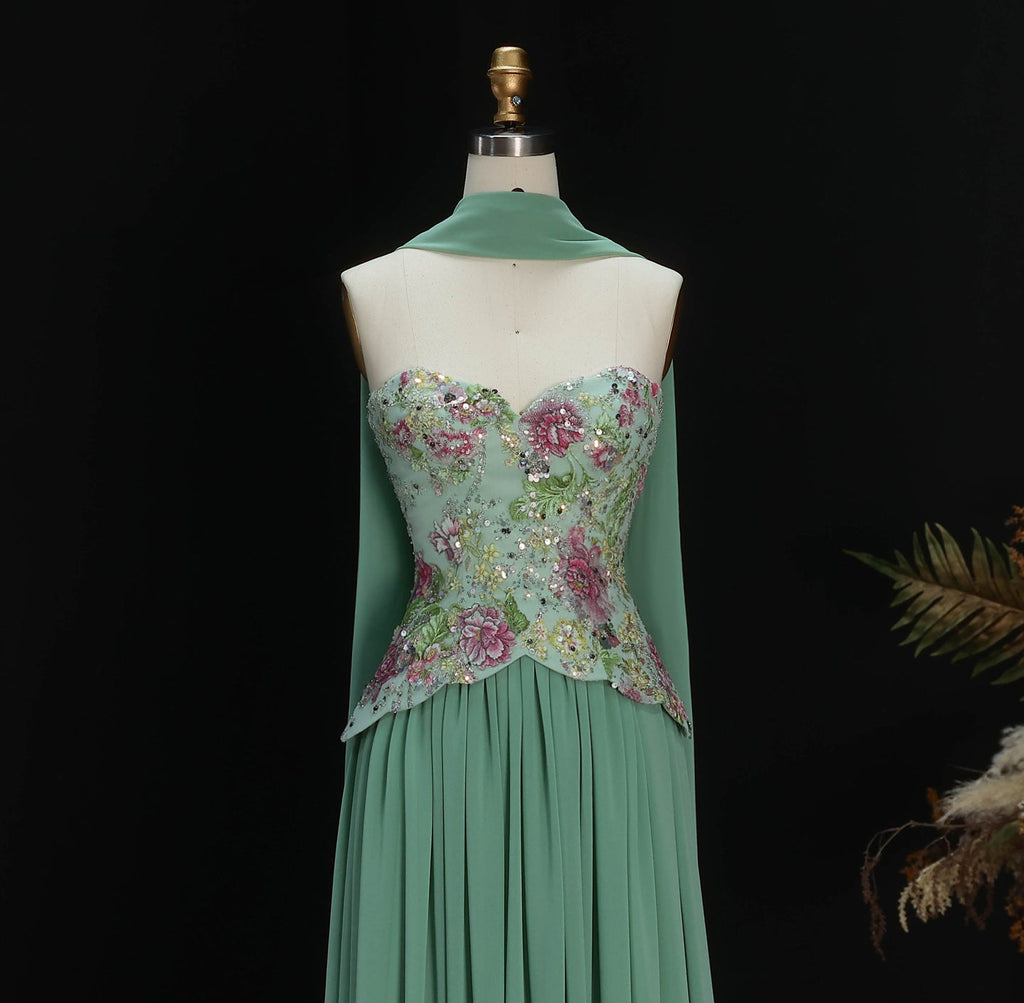 Luxury Pink Floral Embellished Peplum Evening Dress with Scarf SS480