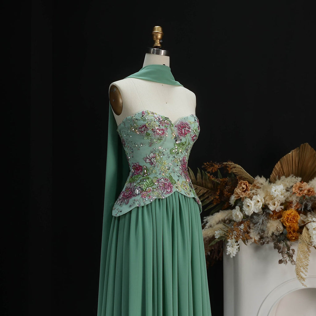 Luxury Pink Floral Embellished Peplum Evening Dress with Scarf SS480
