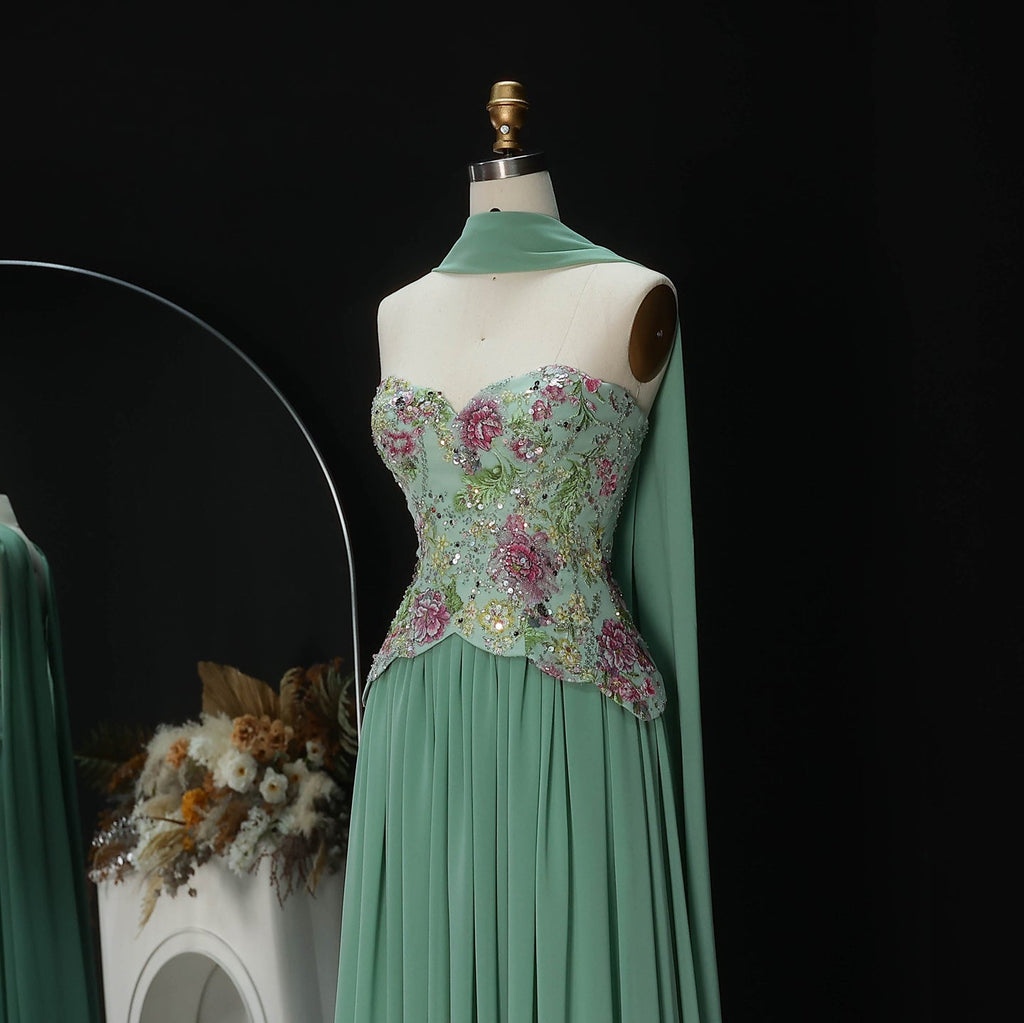 Luxury Pink Floral Embellished Peplum Evening Dress with Scarf SS480