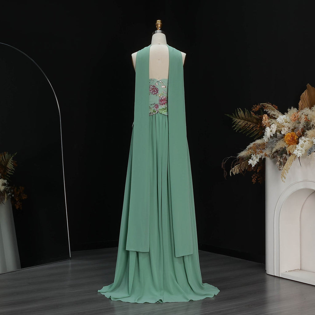 Luxury Pink Floral Embellished Peplum Evening Dress with Scarf SS480
