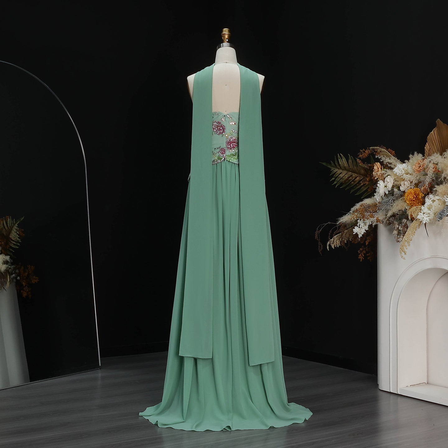 Luxury Pink Floral Embellished Peplum Evening Dress with Scarf SS480