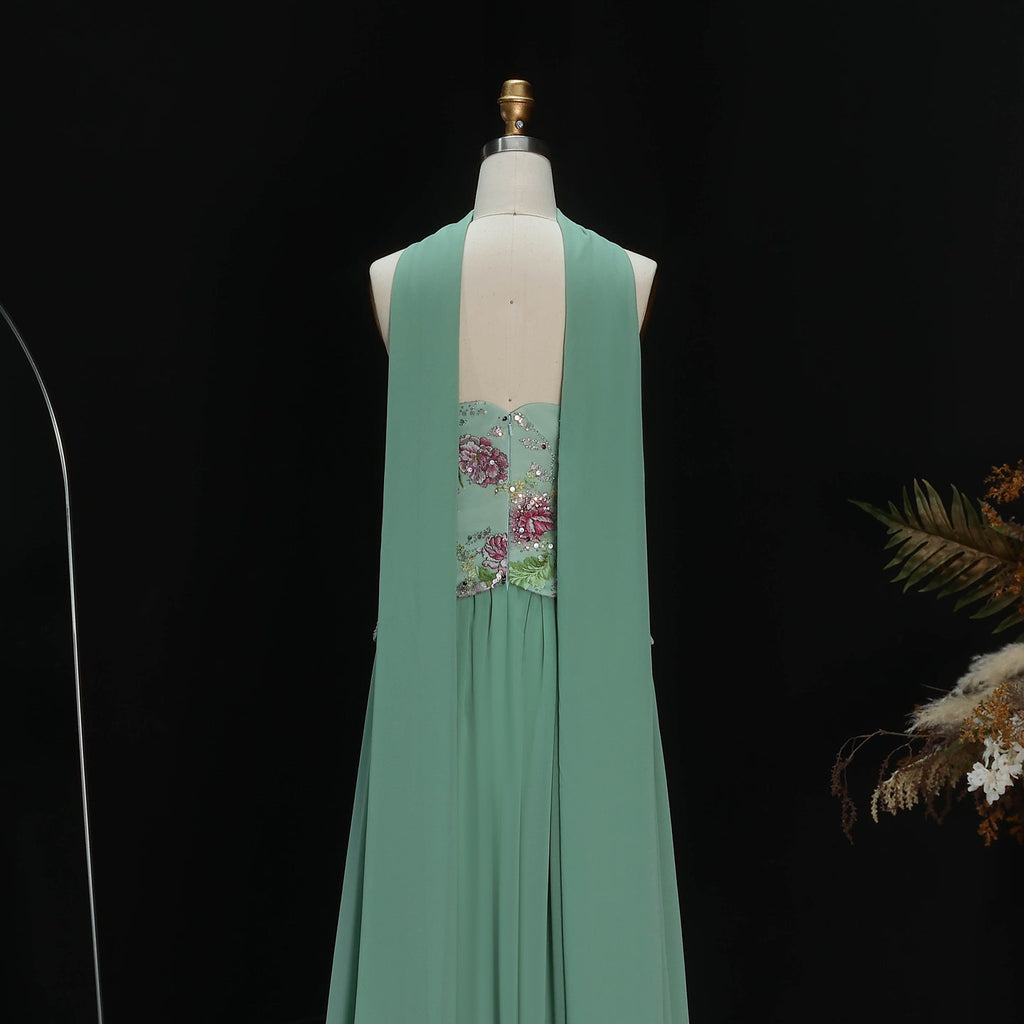 Luxury Pink Floral Embellished Peplum Evening Dress with Scarf SS480