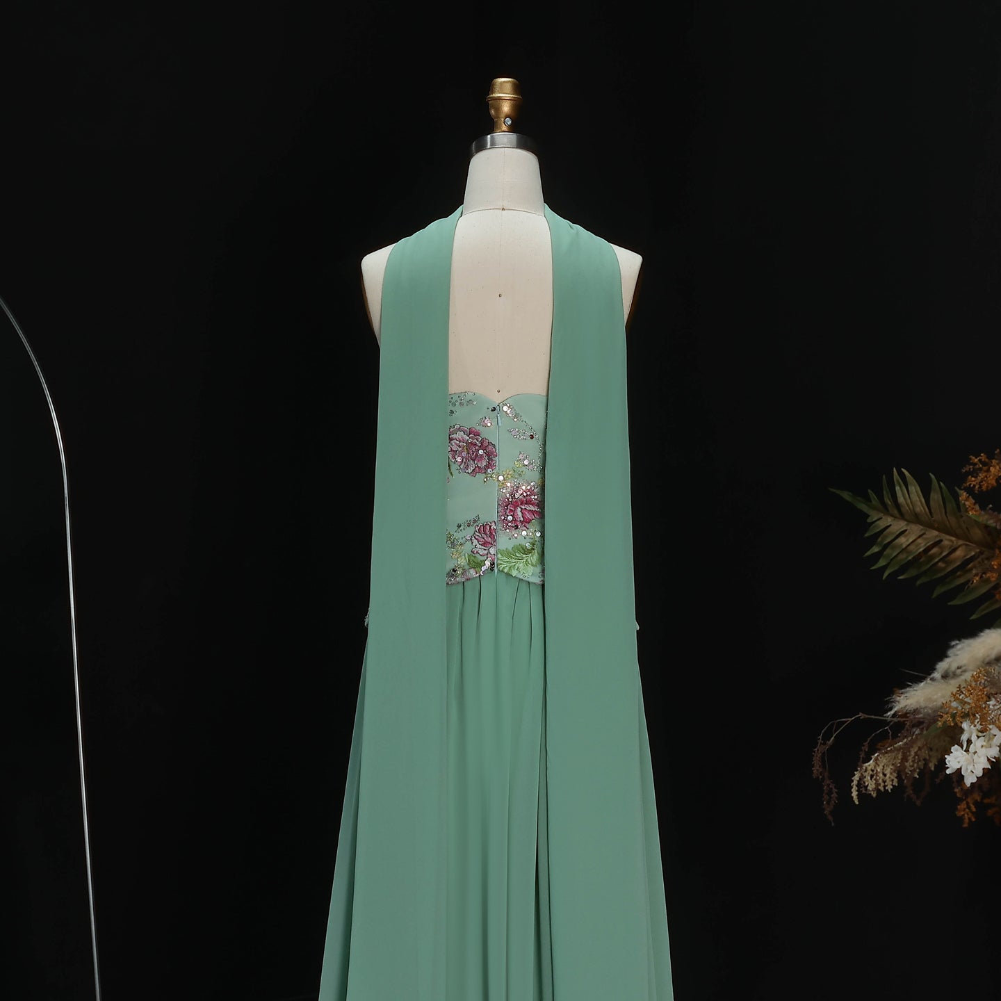 Luxury Pink Floral Embellished Peplum Evening Dress with Scarf SS480