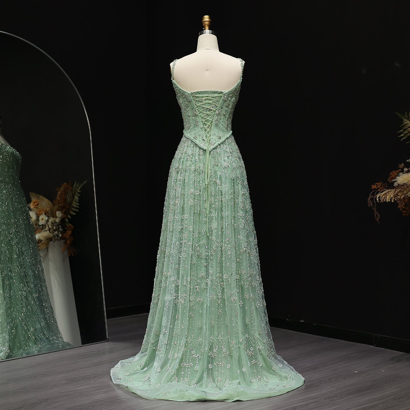 Luxury Sage Green Spaghetti A-Line Evening Dress SS693