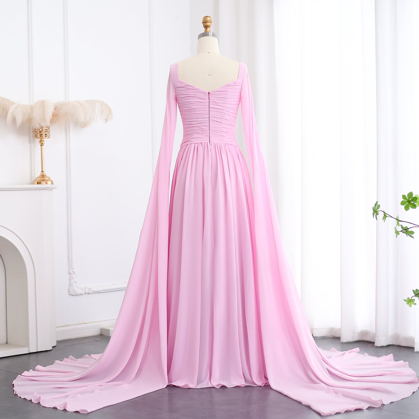 Elegant Red A-Line Chiffon Evening Dress with Cape Sleeves SF032