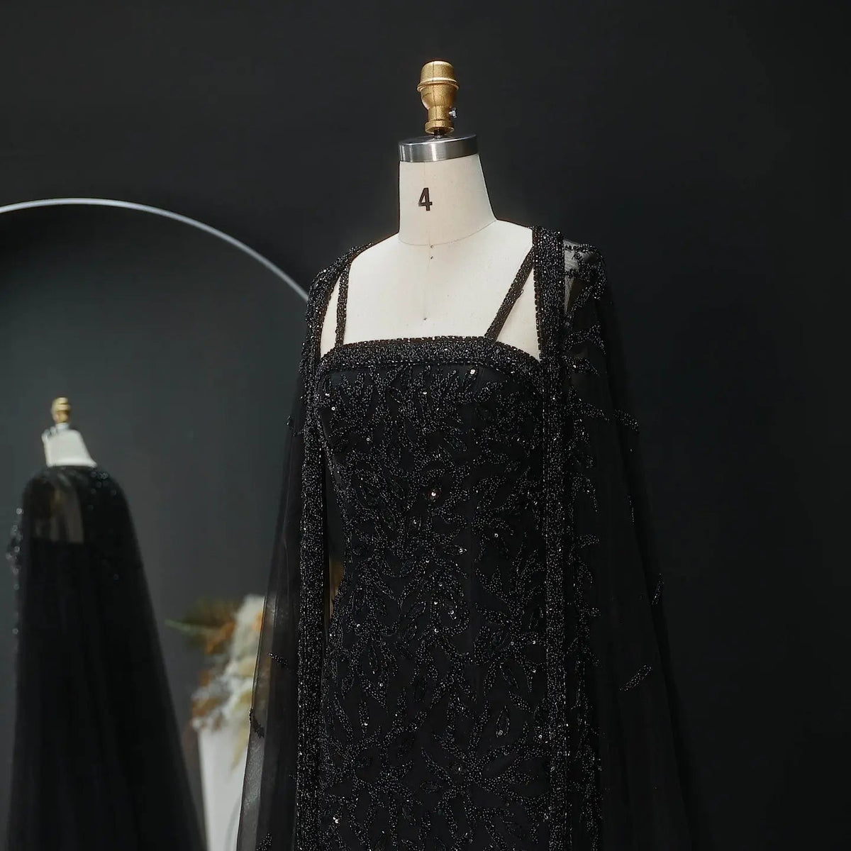 Elegant Champagne Beaded Evening Gown with Sheer Cape SS393