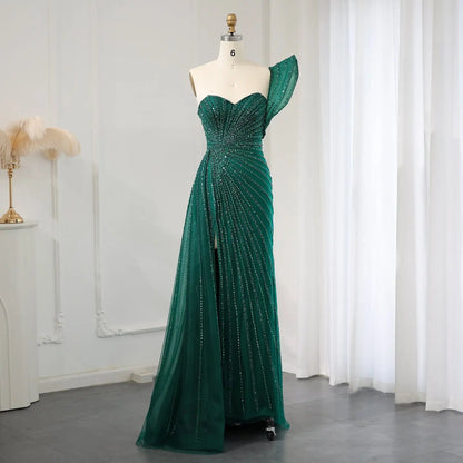 Emerald Green One Shoulder Slit Evening Dress with Overskirt SS201