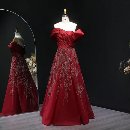 Luxury Burgundy Beaded Off Shoulder Evening Gown SS582