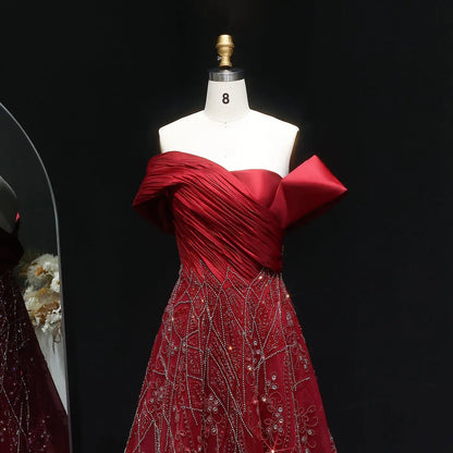 Luxury Burgundy Beaded Off Shoulder Evening Gown SS582