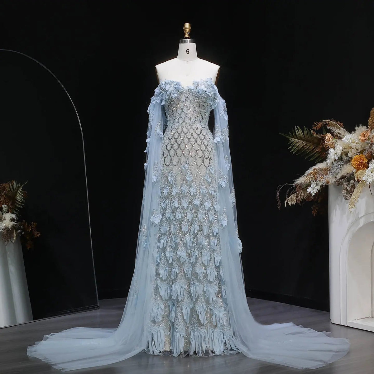 Soft Blue 3D Floral Tulle  Mermaid Evening Dress with Cape Sleeves SS441
