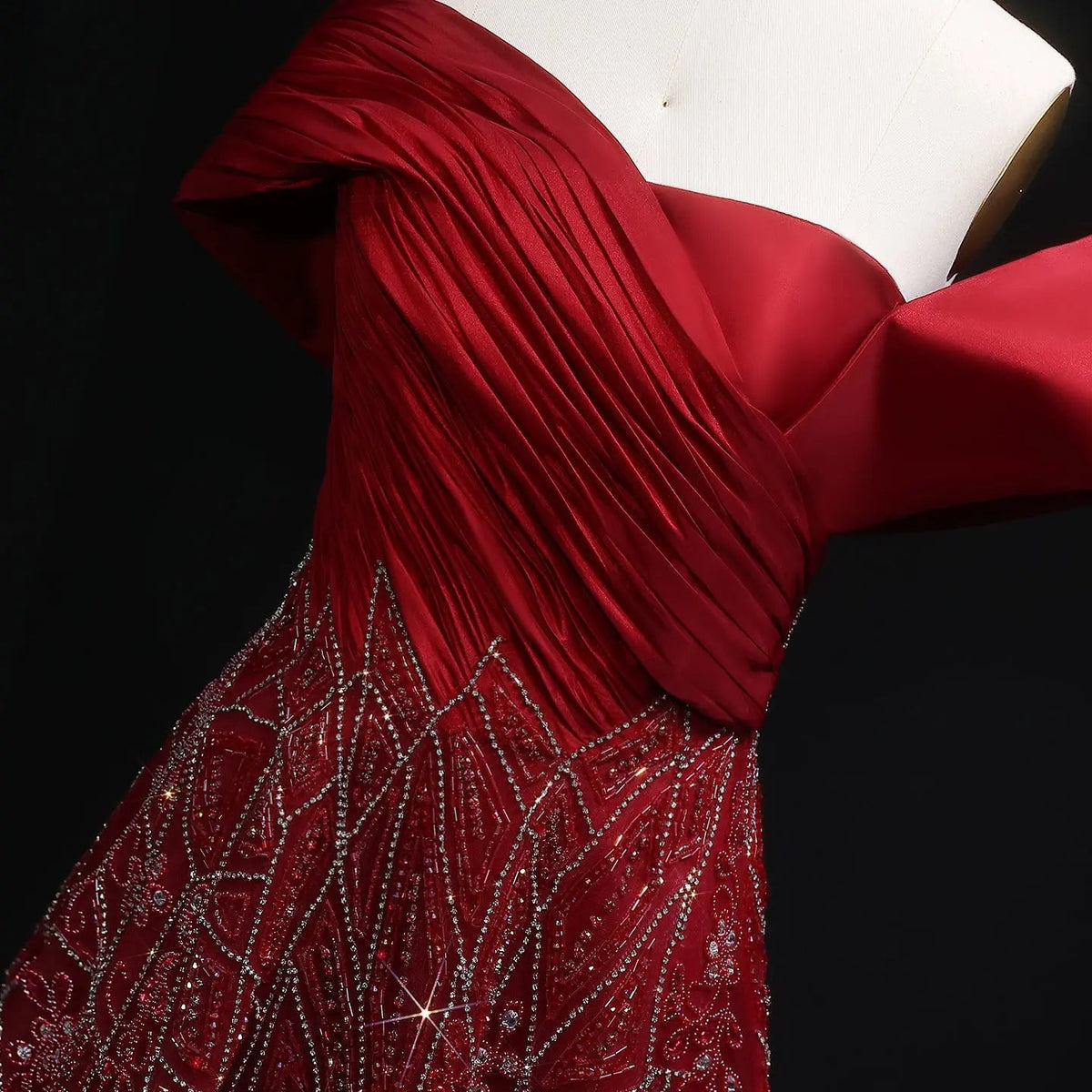 Luxury Burgundy Beaded Off Shoulder Evening Gown SS582