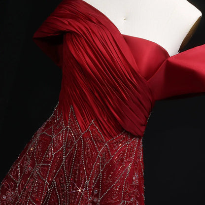 Luxury Burgundy Beaded Off Shoulder Evening Gown SS582