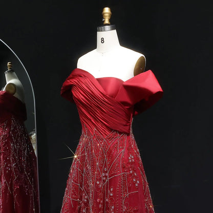 Luxury Burgundy Beaded Off Shoulder Evening Gown SS582