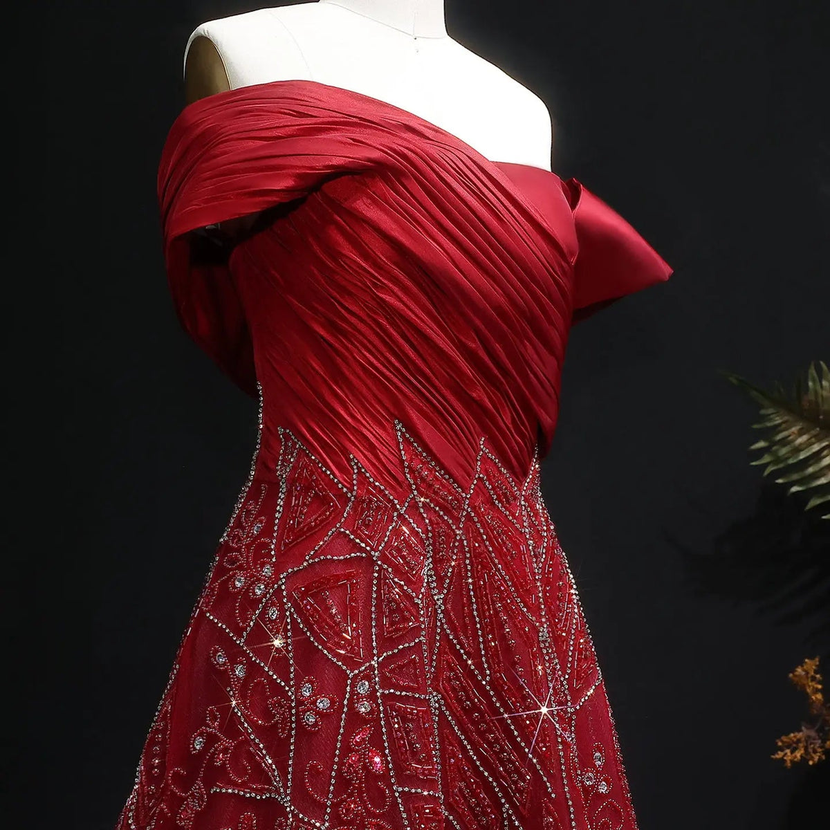 Luxury Burgundy Beaded Off Shoulder Evening Gown SS582