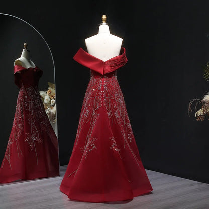 Luxury Burgundy Beaded Off Shoulder Evening Gown SS582