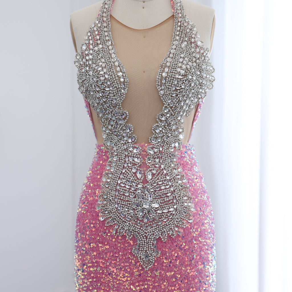 Sparkly Crystal Pink Halter Sequin Mermaid Prom Dress with Train RM056