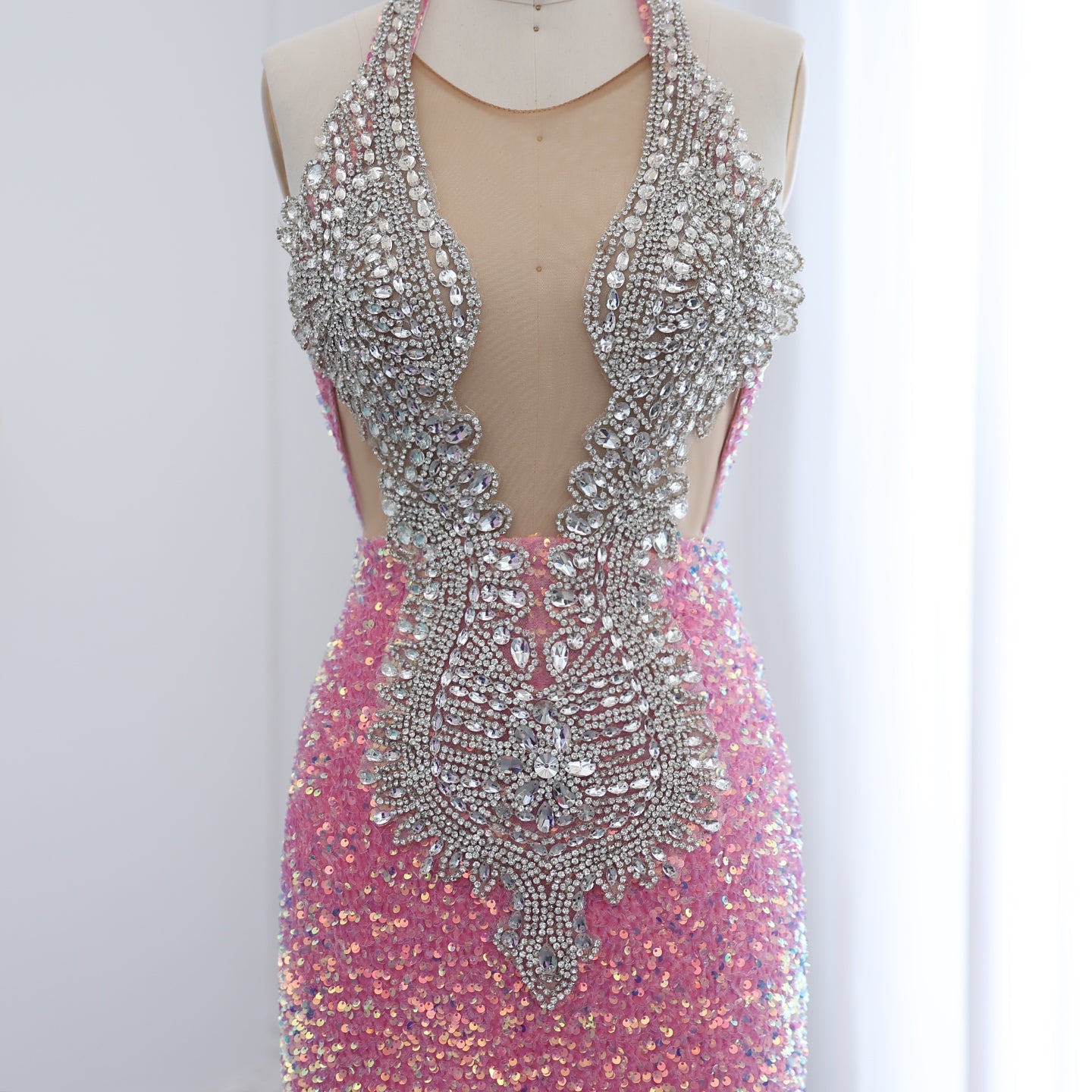 Sparkly Crystal Pink Halter Sequin Mermaid Prom Dress with Train RM056
