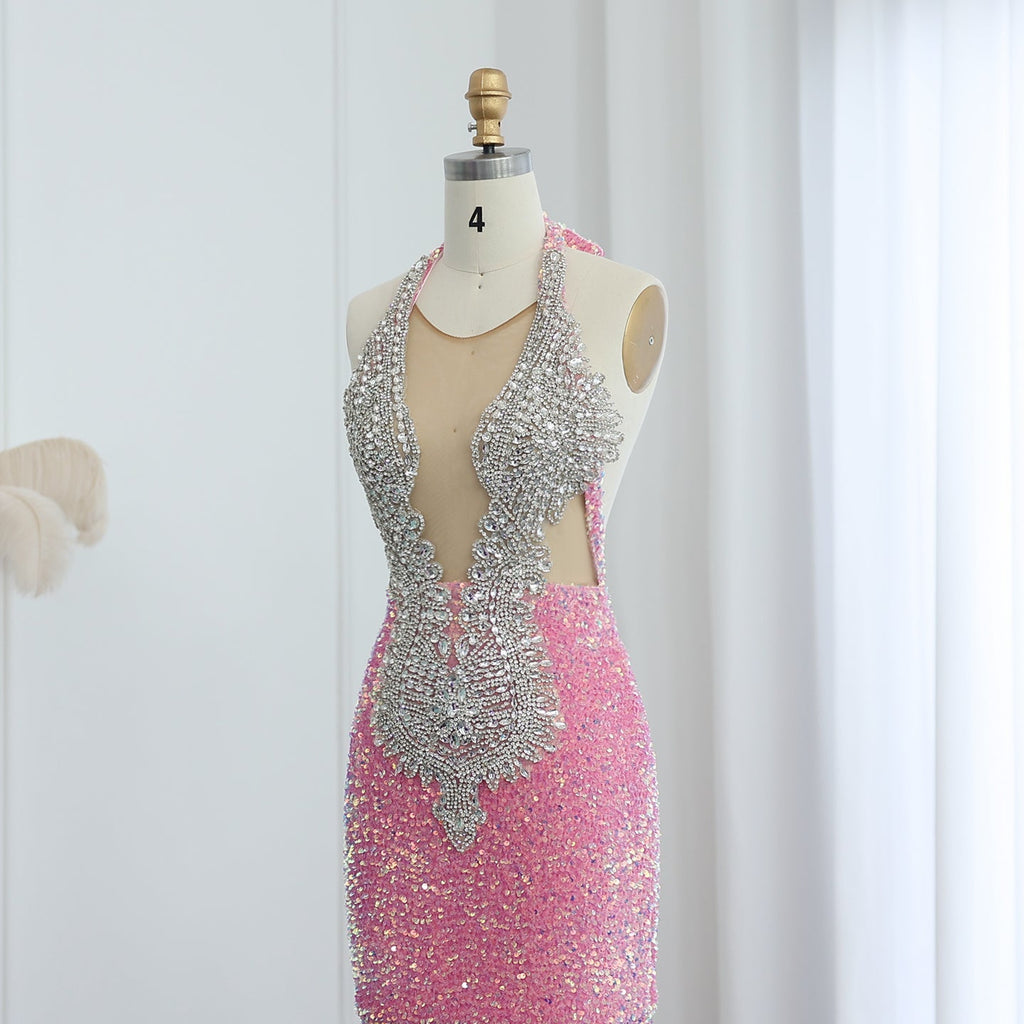 Sparkly Crystal Pink Halter Sequin Mermaid Prom Dress with Train RM056