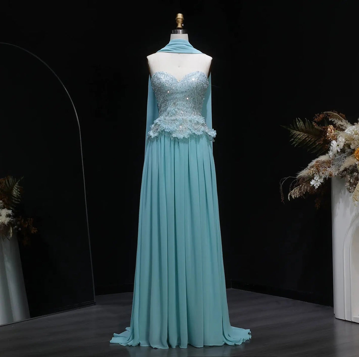Romantic Aqua Flowy Chiffon Evening Dress SS274