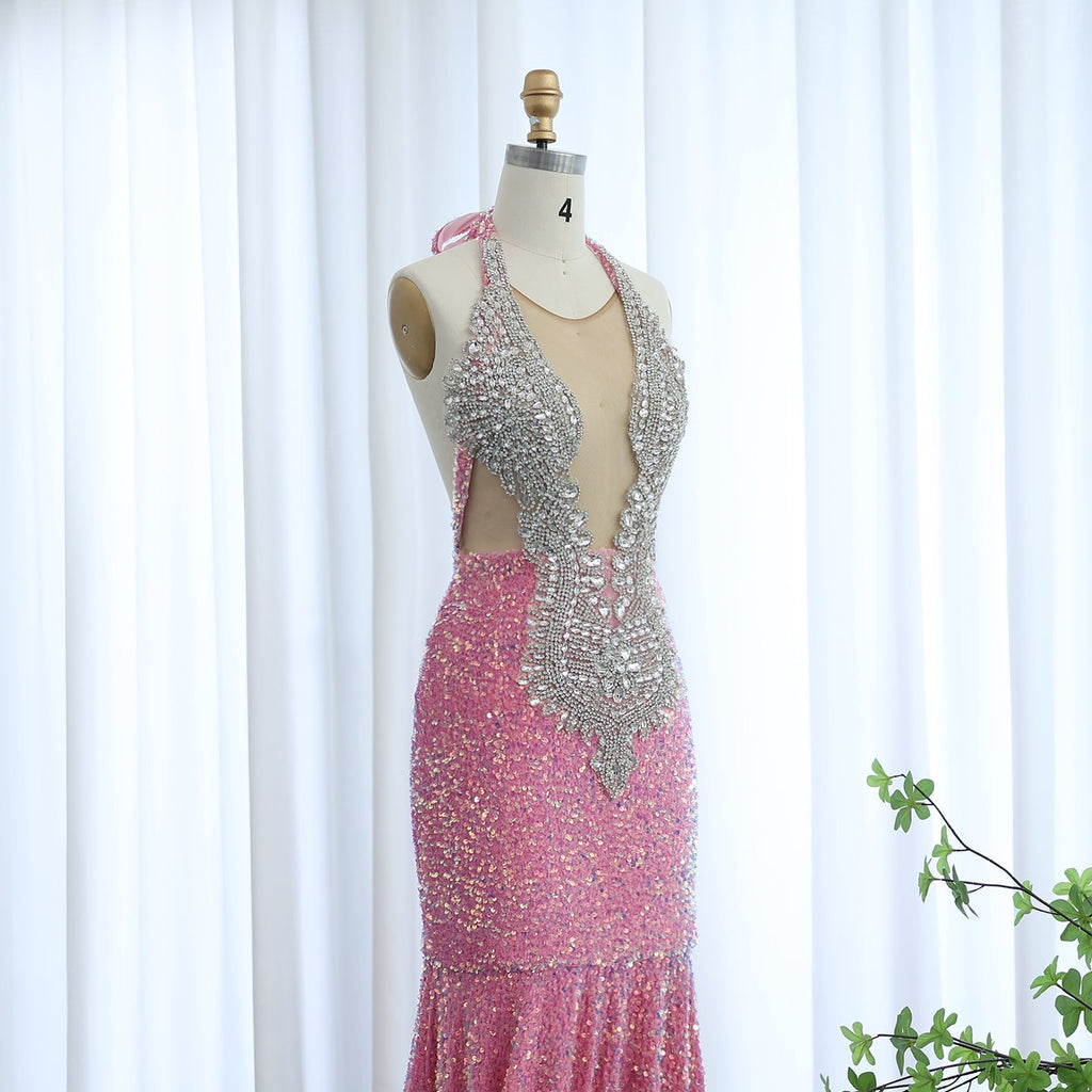 Sparkly Crystal Pink Halter Sequin Mermaid Prom Dress with Train RM056