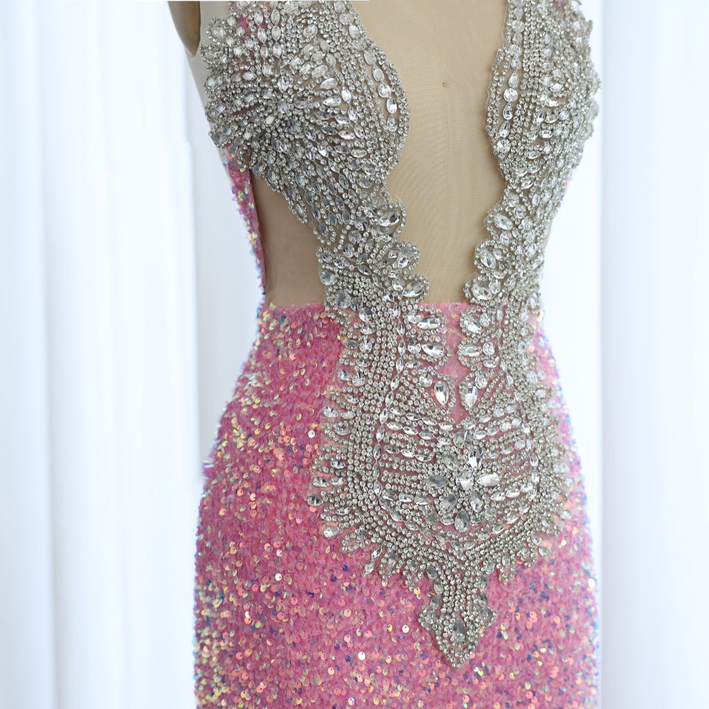 Sparkly Crystal Pink Halter Sequin Mermaid Prom Dress with Train RM056