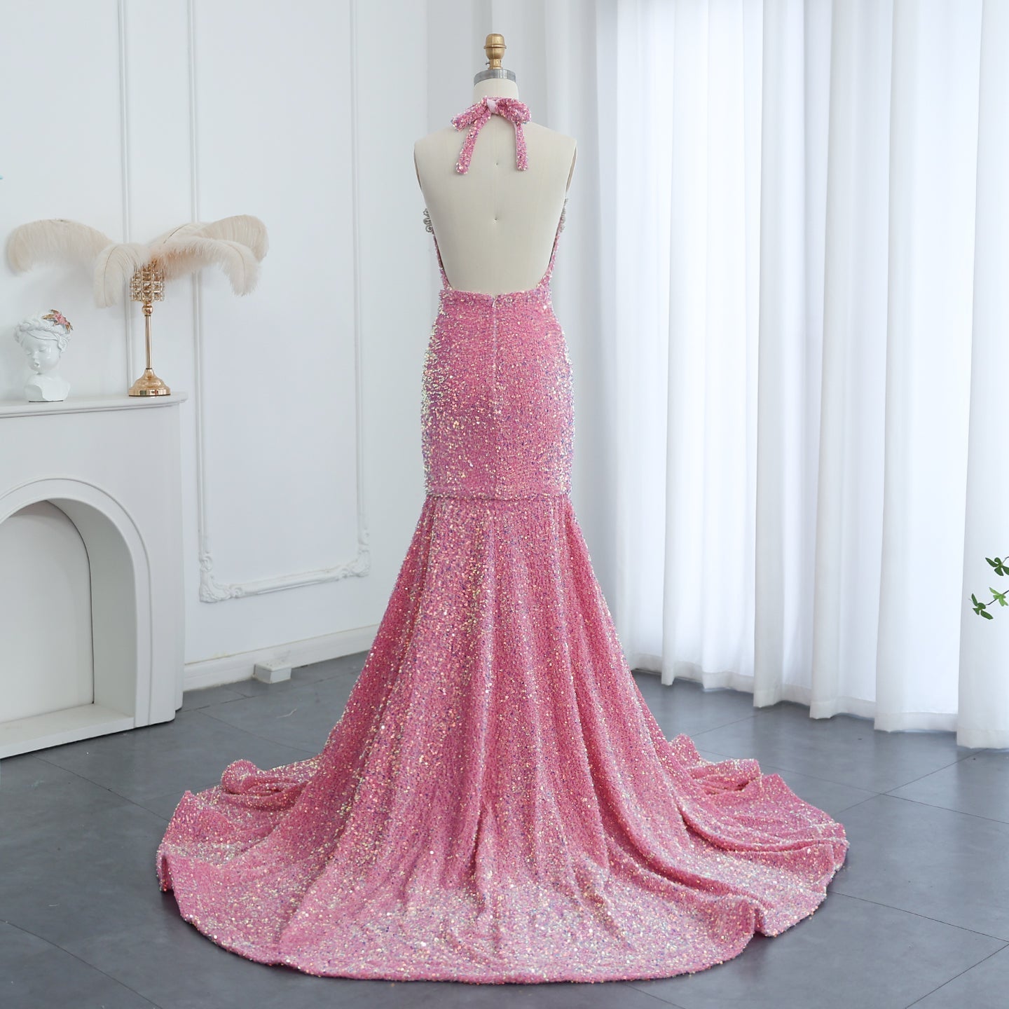 Sparkly Crystal Pink Halter Sequin Mermaid Prom Dress with Train RM056