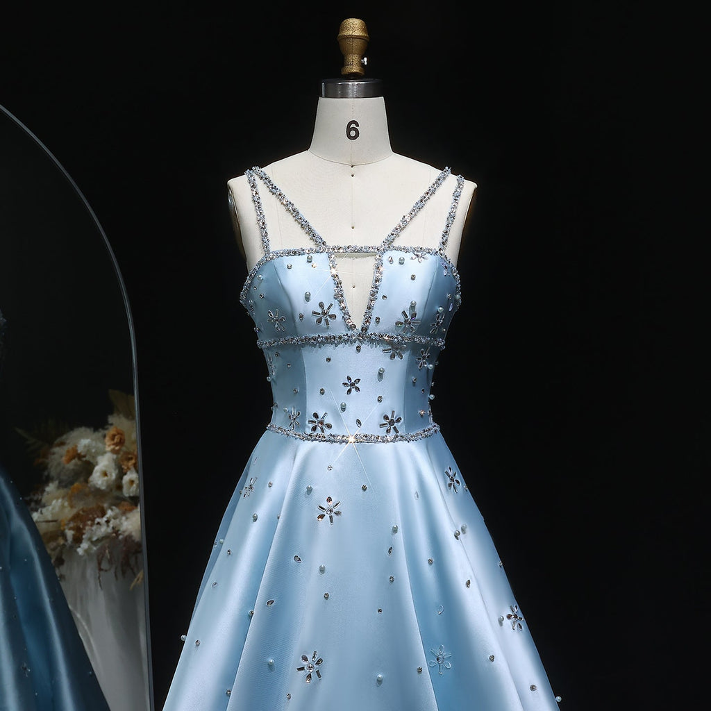 Elegant Blue Embellished Crystal Strap Evening Dress SS428