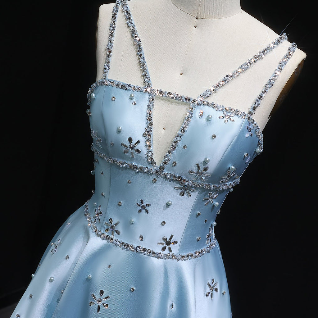 Elegant Blue Embellished Crystal Strap Evening Dress SS428