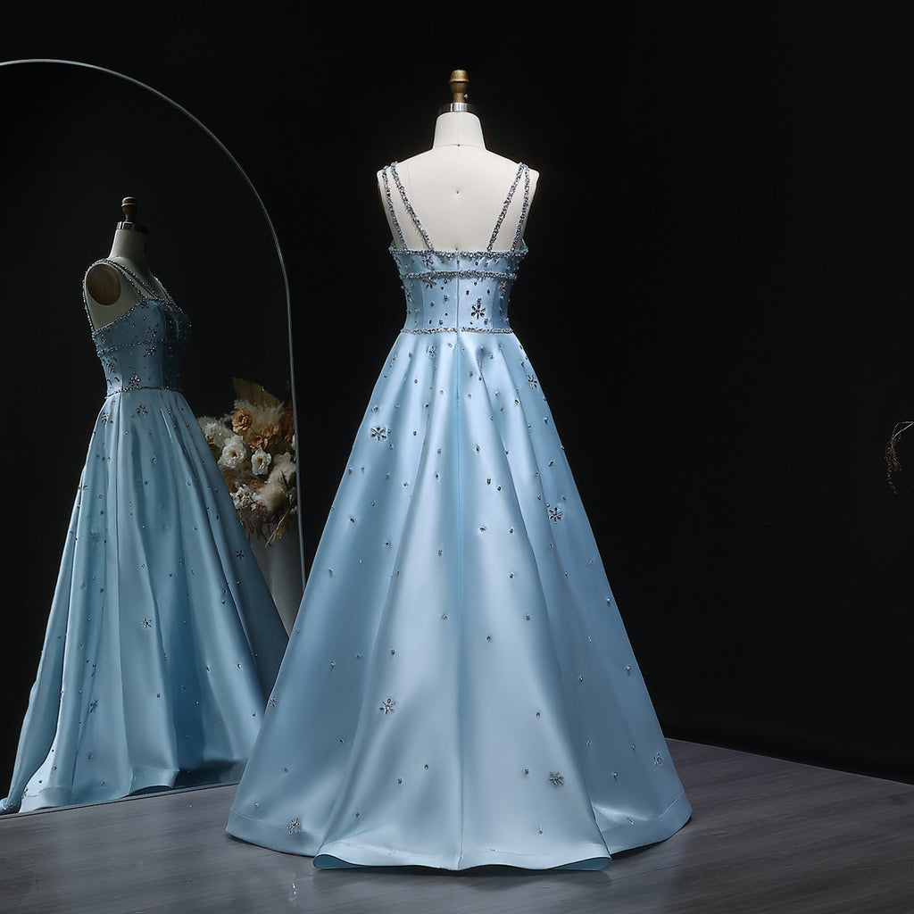 Elegant Blue Embellished Crystal Strap Evening Dress SS428