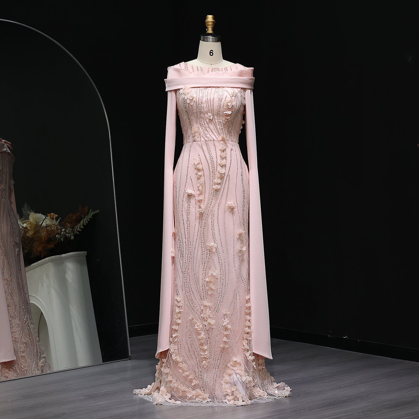 Gorgeous 3D Floral Pink Evening Dress with Cape Sleeves SS272