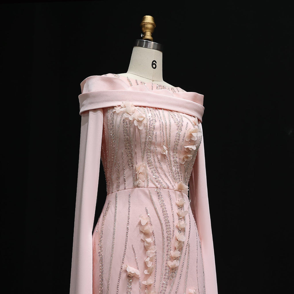 Gorgeous 3D Floral Pink Evening Dress with Cape Sleeves SS272