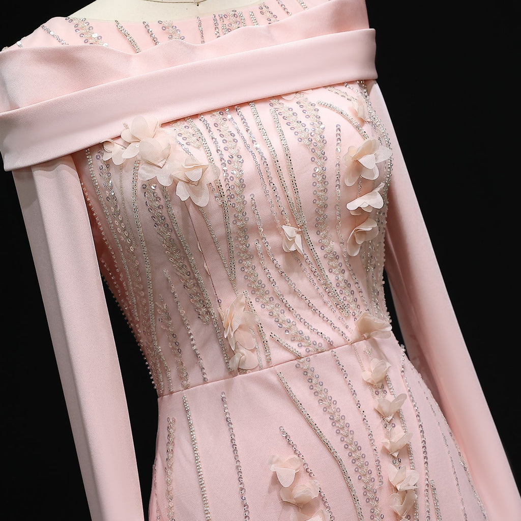 Gorgeous 3D Floral Pink Evening Dress with Cape Sleeves SS272