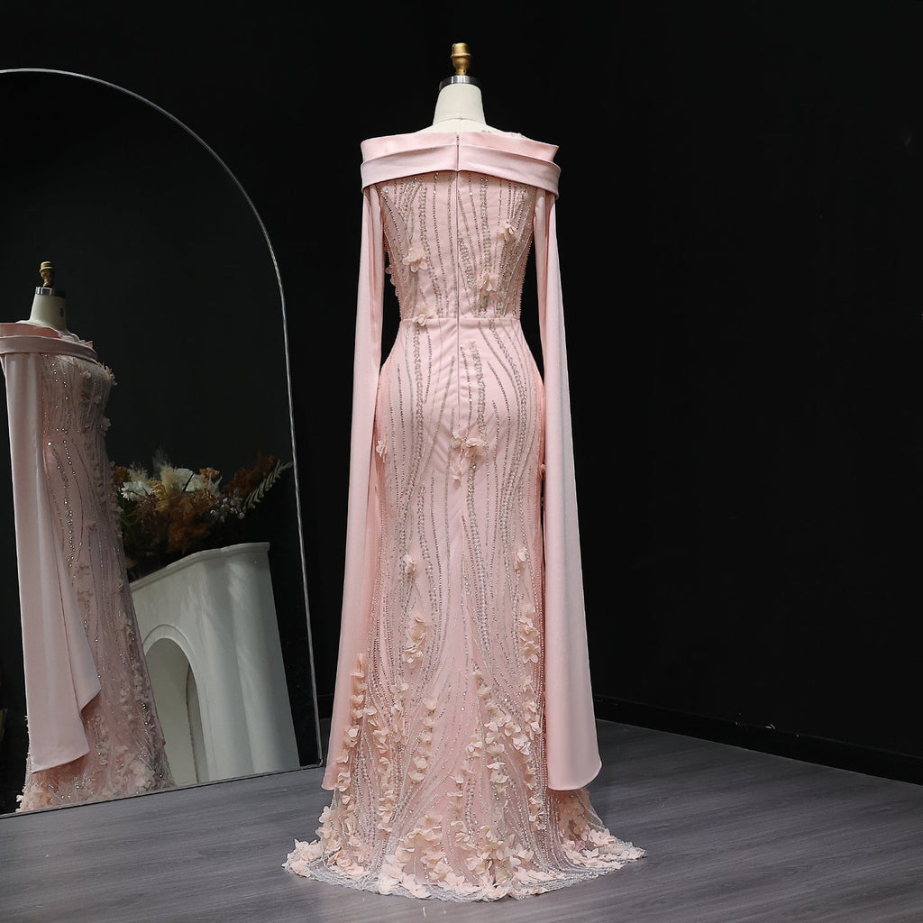 Gorgeous 3D Floral Pink Evening Dress with Cape Sleeves SS272
