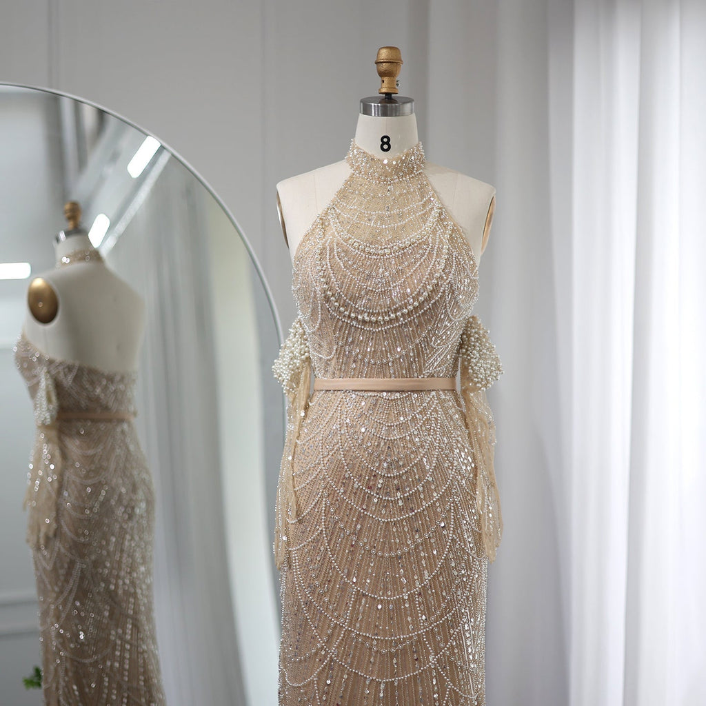 Luxury Nude Halter Mermaid Evening Dresses with Gloves SS689
