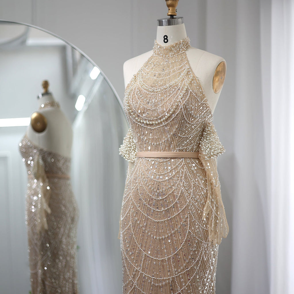 Luxury Nude Halter Mermaid Evening Dresses with Gloves SS689