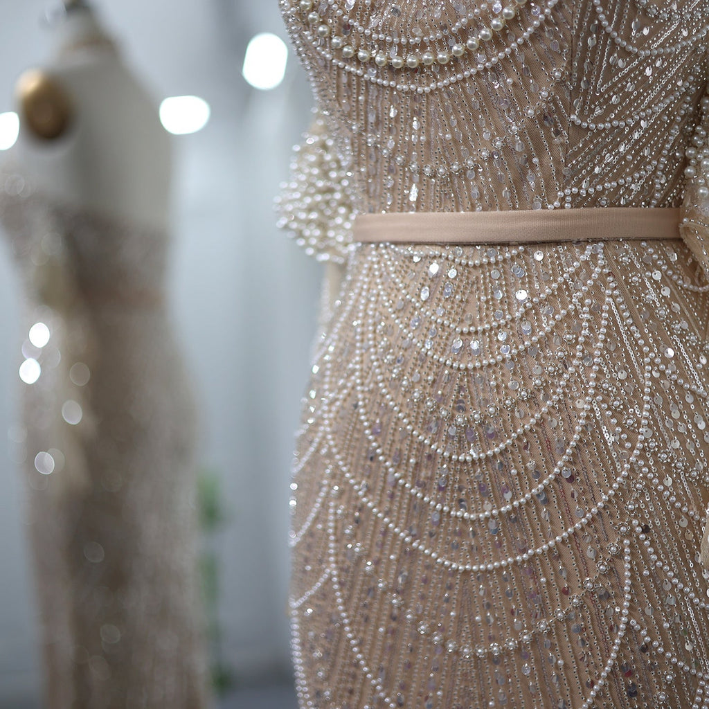 Luxury Nude Halter Mermaid Evening Dresses with Gloves SS689