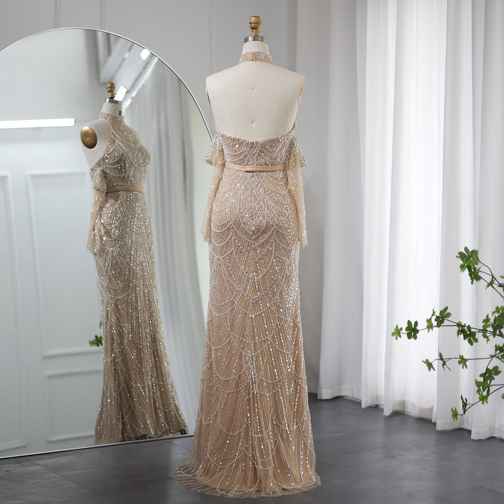 Luxury Nude Halter Mermaid Evening Dresses with Gloves SS689