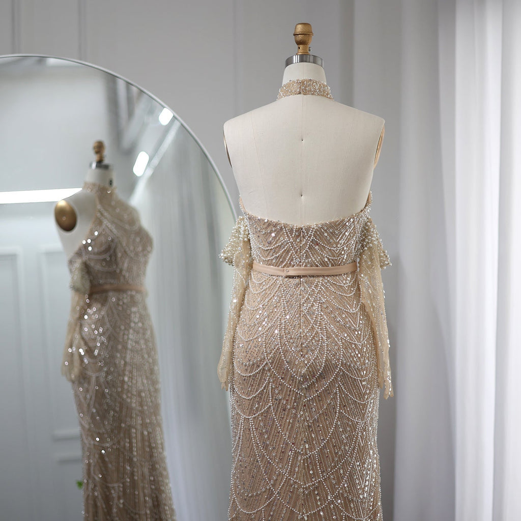 Luxury Nude Halter Mermaid Evening Dresses with Gloves SS689