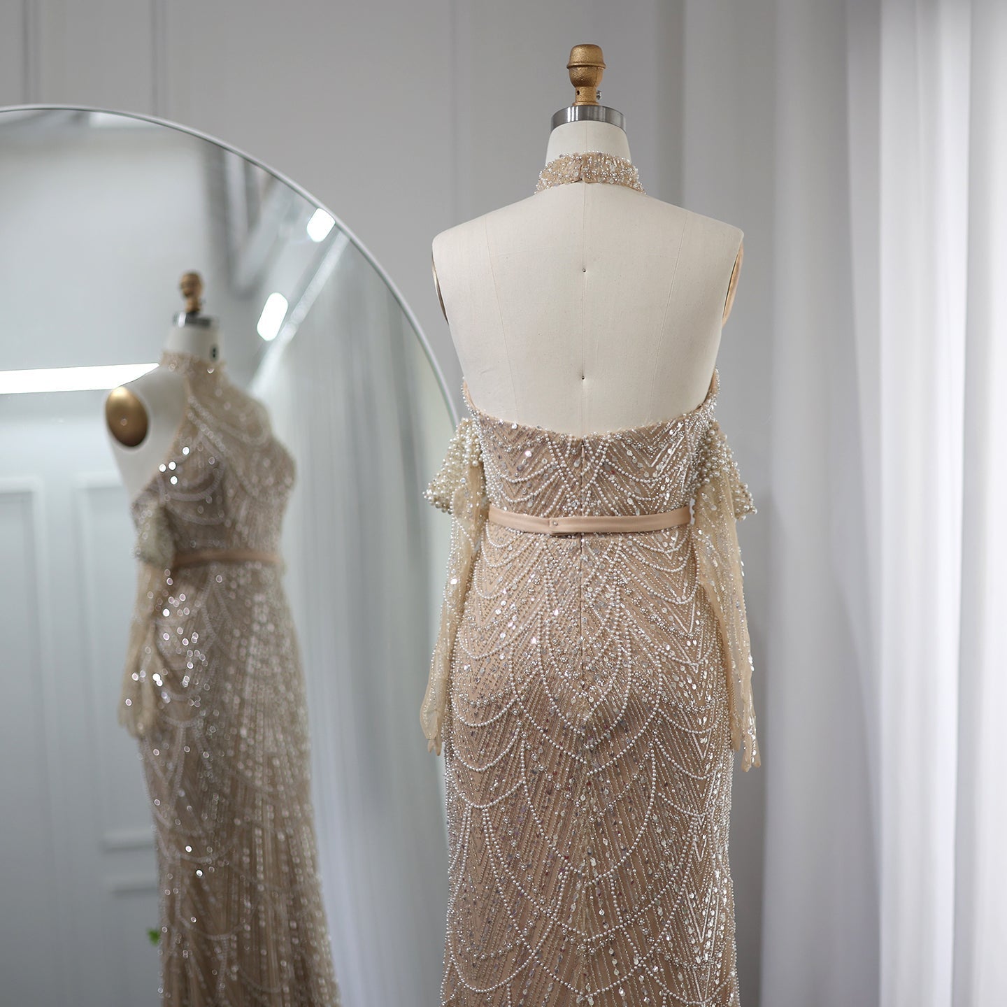 Luxury Nude Halter Mermaid Evening Dresses with Gloves SS689