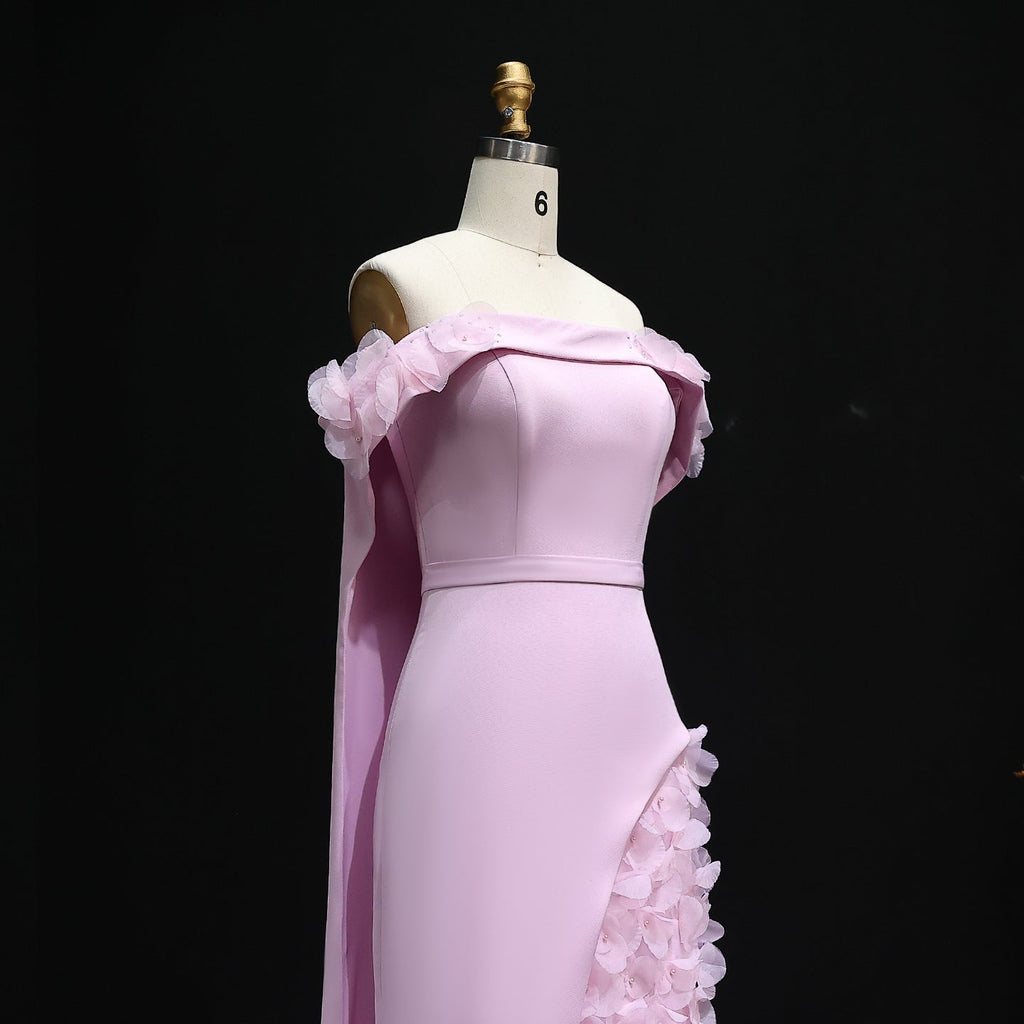 Blush Pink 3D Flowers Arabic Evening Dress with Cape SS281