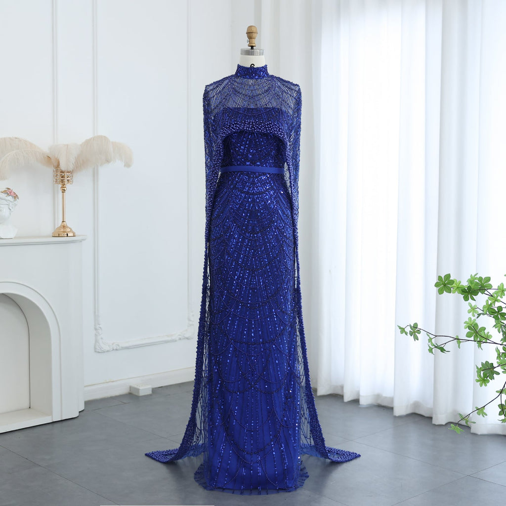 Luxury Pearls Champagne Mermaid Evening Dress with Cape SS369