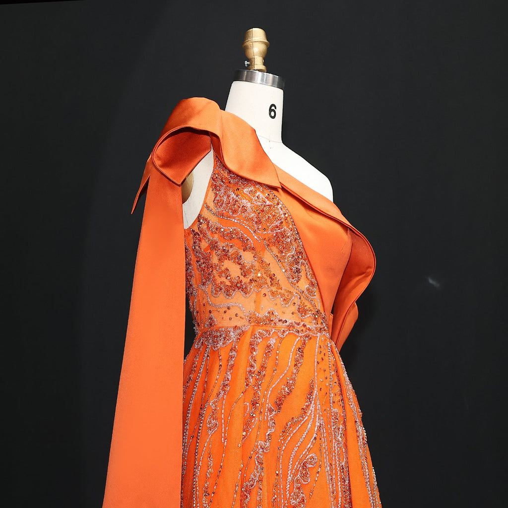 Luxury Olive Green One Shoulder Evening Dress with Cape Sleeves SS323
