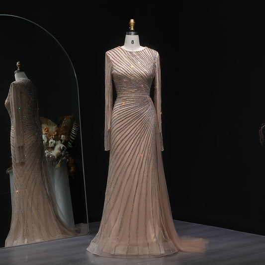 Luxury Beaded Gold Long Sleeves Evening Dress with Overskirt SS113
