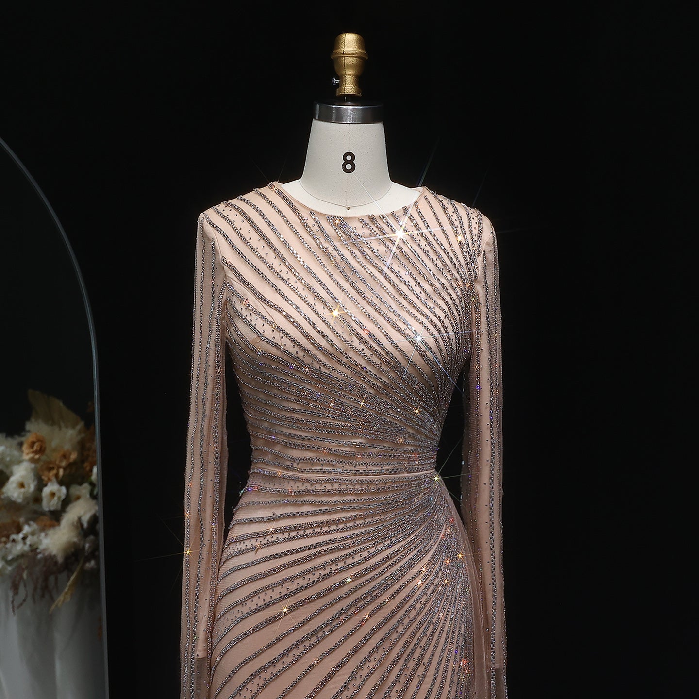 Luxury Beaded Gold Long Sleeves Evening Dress with Overskirt SS113