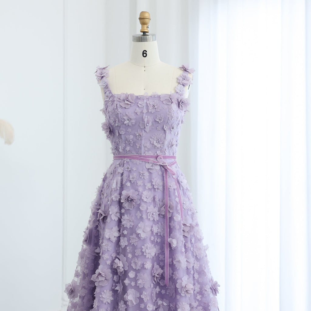 Chic Lilac 3D Embroidered Flowers Evening Dress with High Slit SS357