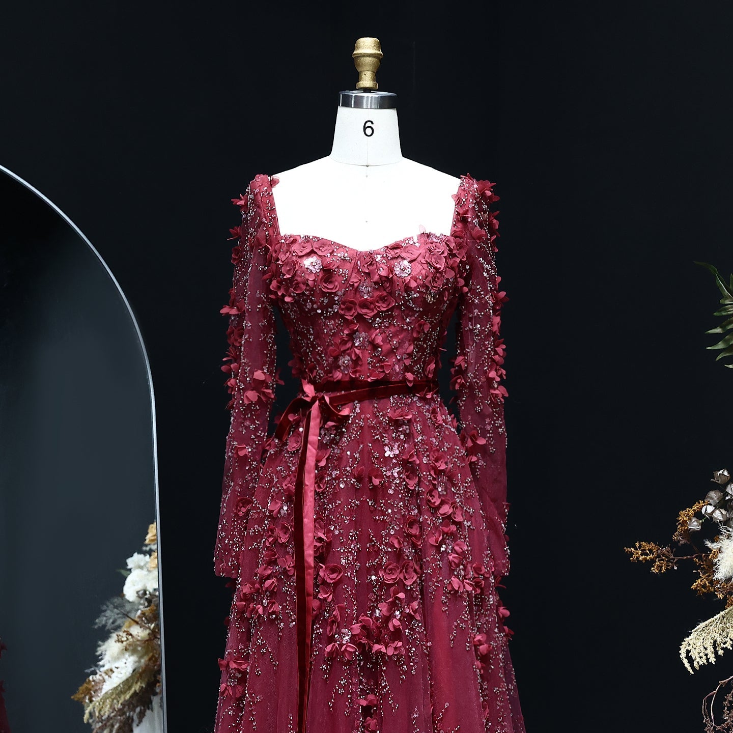 Luxury 3D Flower Gray Long Sleeves A-Line Evening Dress SS353