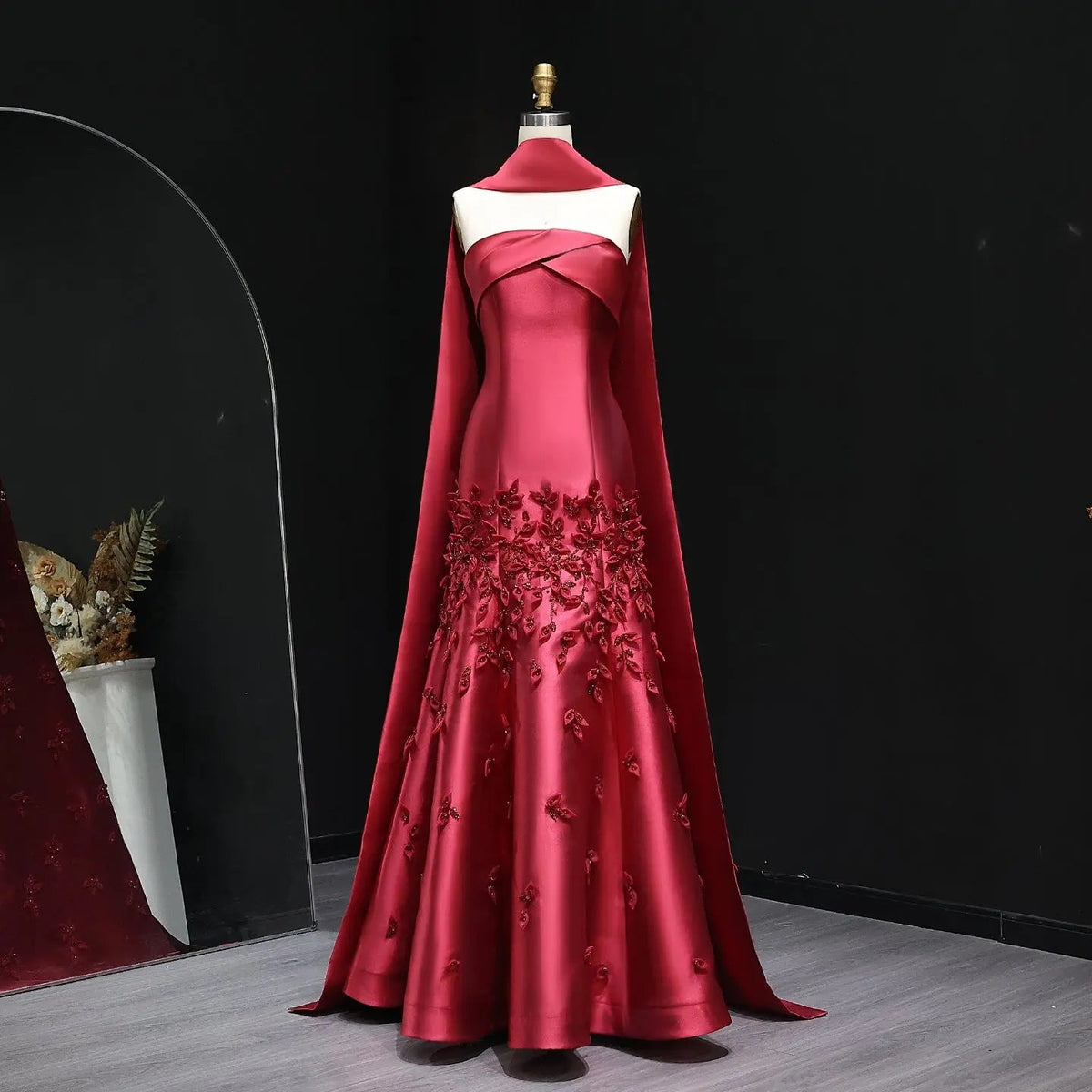 Luxury 3D Leaves Pink Satin Evening Dress with Cape SS463