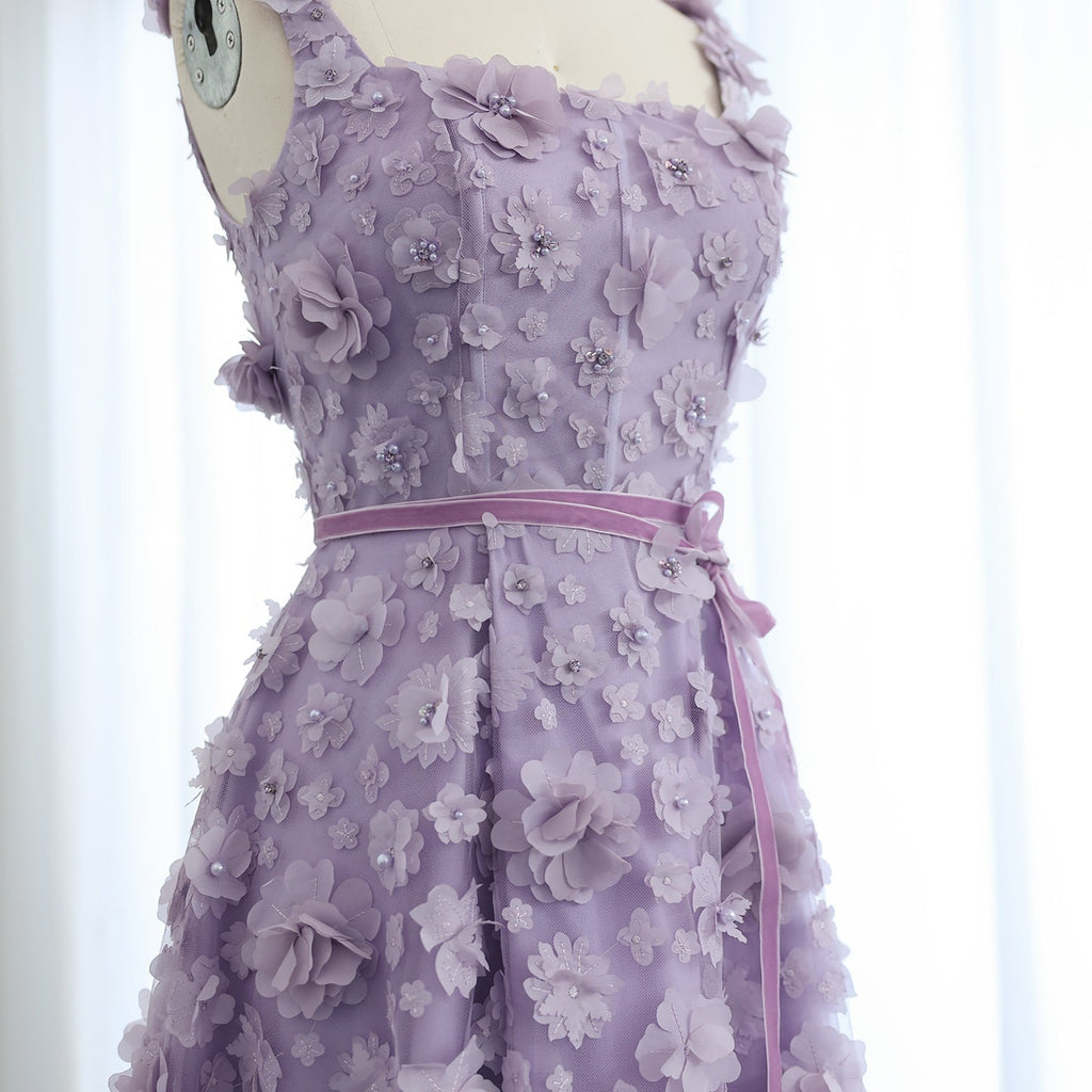 Chic Lilac 3D Embroidered Flowers Evening Dress with High Slit SS357